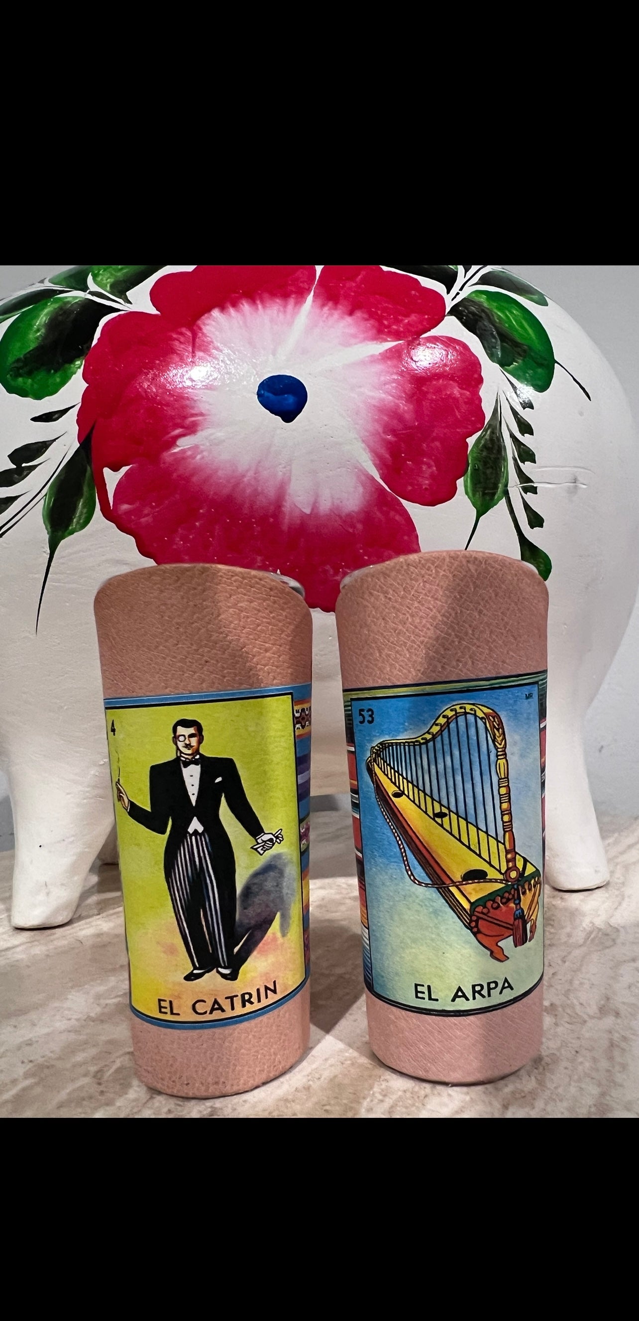 Set of two lotería style tequila shots